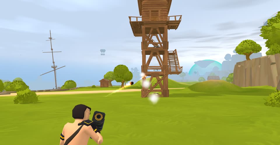 A player firing a bazooka at a watchtower