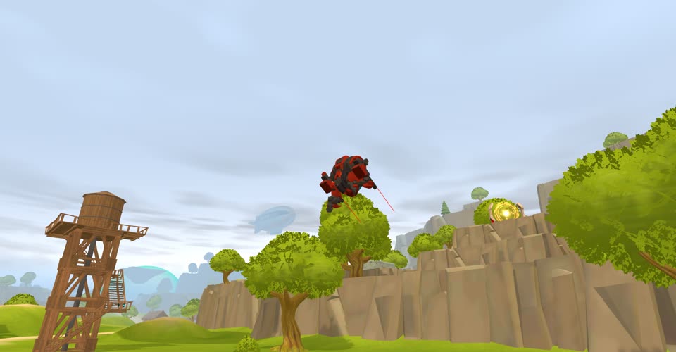 The Battle Mech landing on the island