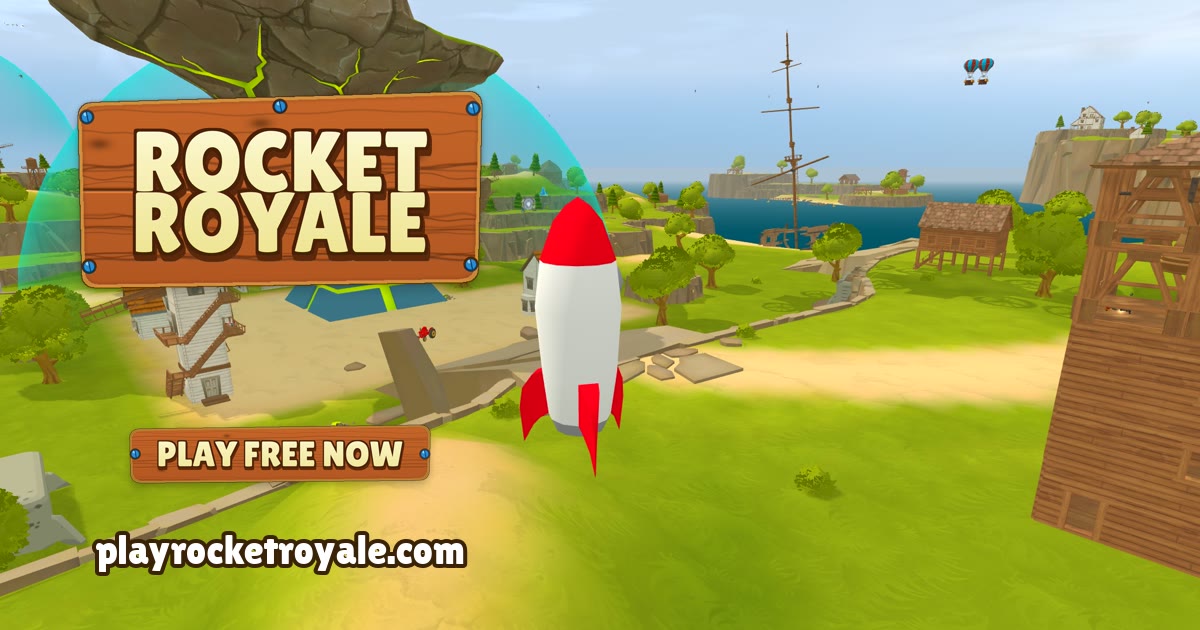A rocket lifting off over the Rocket Royale island
